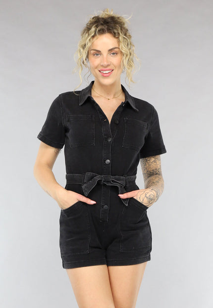 SALESELECTIE Zwarte Denim Playsuit met Ceintuur