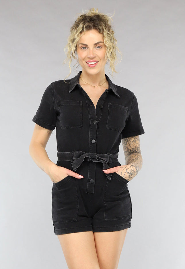 SALESELECTIE Zwarte Denim Playsuit met Ceintuur