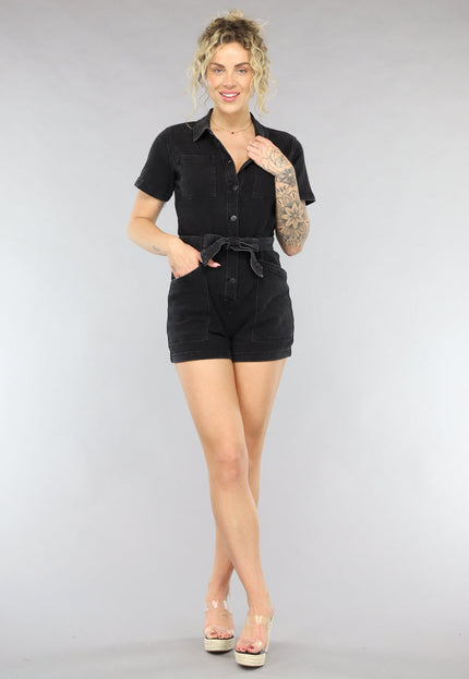 SALESELECTIE Zwarte Denim Playsuit met Ceintuur