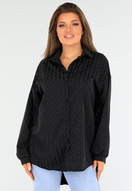 SALESELECTIE Zwarte Gestreepte Oversized Glitter Blouse met Knoopsluiting