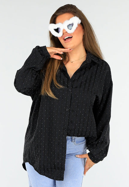 SALESELECTIE Zwarte Gestreepte Oversized Glitter Blouse met Knoopsluiting