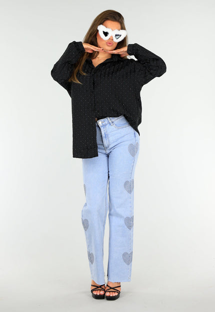 SALESELECTIE Zwarte Gestreepte Oversized Glitter Blouse met Knoopsluiting