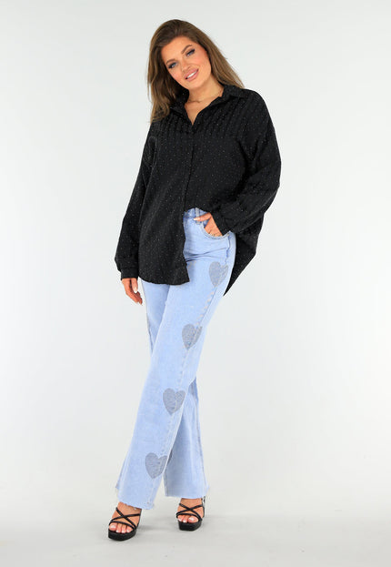 SALESELECTIE Zwarte Gestreepte Oversized Glitter Blouse met Knoopsluiting