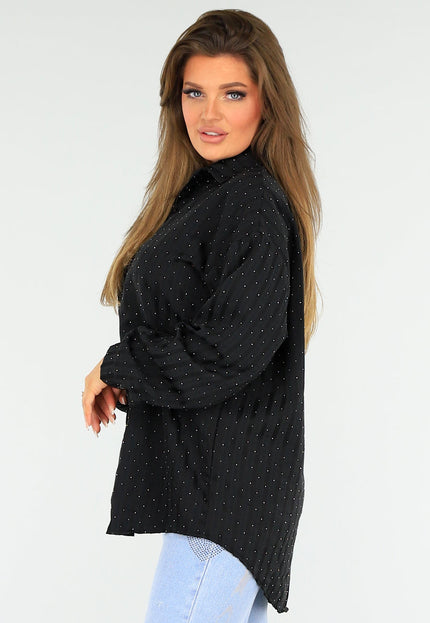 SALESELECTIE Zwarte Gestreepte Oversized Glitter Blouse met Knoopsluiting