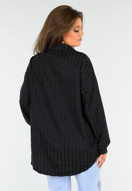 SALESELECTIE Zwarte Gestreepte Oversized Glitter Blouse met Knoopsluiting