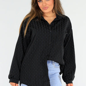SALESELECTIE Zwarte Gestreepte Oversized Glitter Blouse met Knoopsluiting