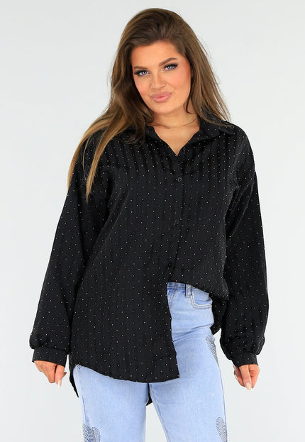 SALESELECTIE Zwarte Gestreepte Oversized Glitter Blouse met Knoopsluiting