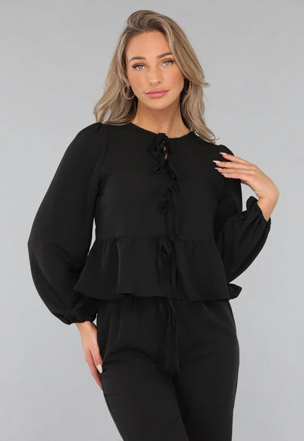 SALESELECTIE Zwarte Linnenlook Two Piece met Strikjes