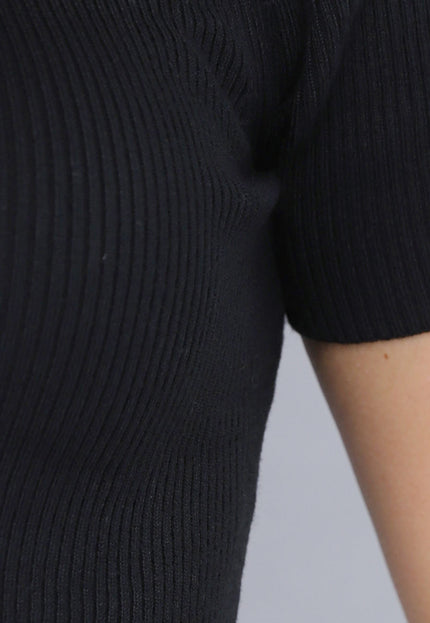 SALESELECTIE Zwarte Ribstof Stretch Jurk met Één Mouw