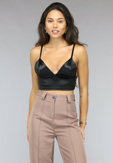 SALESELECTIE Zwarte Satin Look Triangel Crop Top