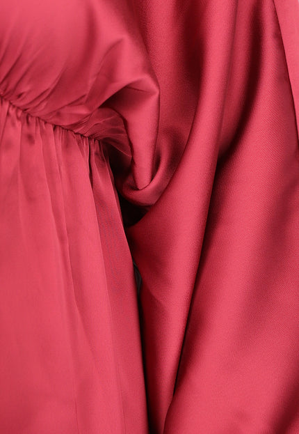 OP=OP.AV.12 Satijnen Jurk met Pofmouwen in Rood