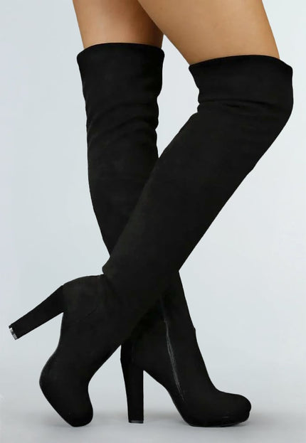 Suède-Look Overknee Laarzen met Hak Zwart