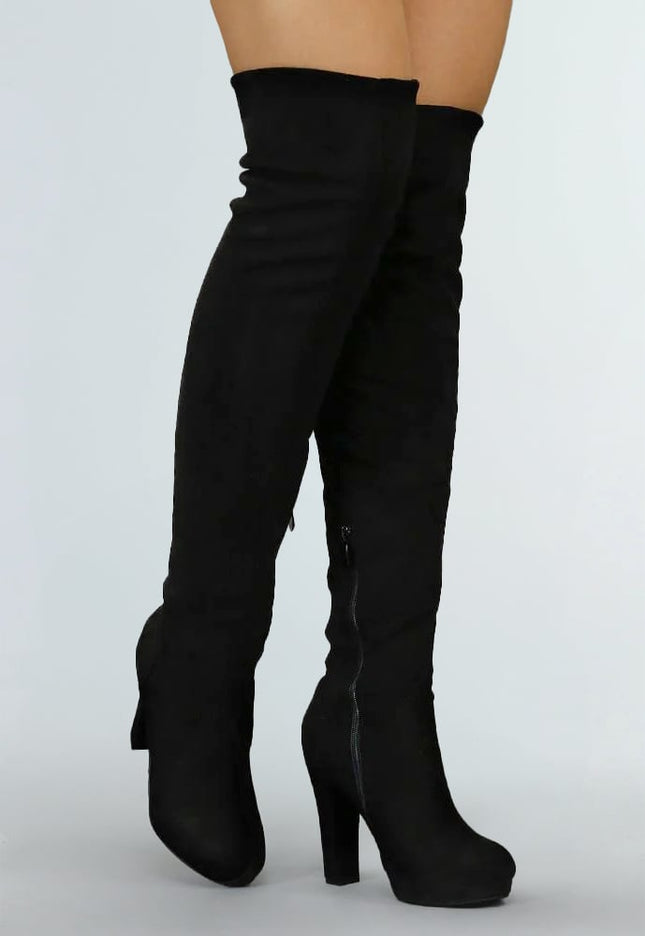 Suède-Look Overknee Laarzen met Hak Zwart