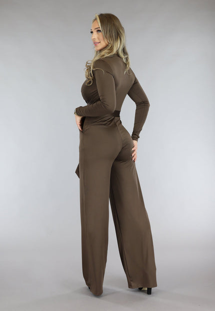 Bruine Jumpsuit met Wijde Pijpen