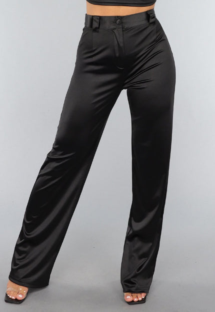 OP=OP.AV.12 Zwarte Satijnen Straight Leg Stretch Pantalon
