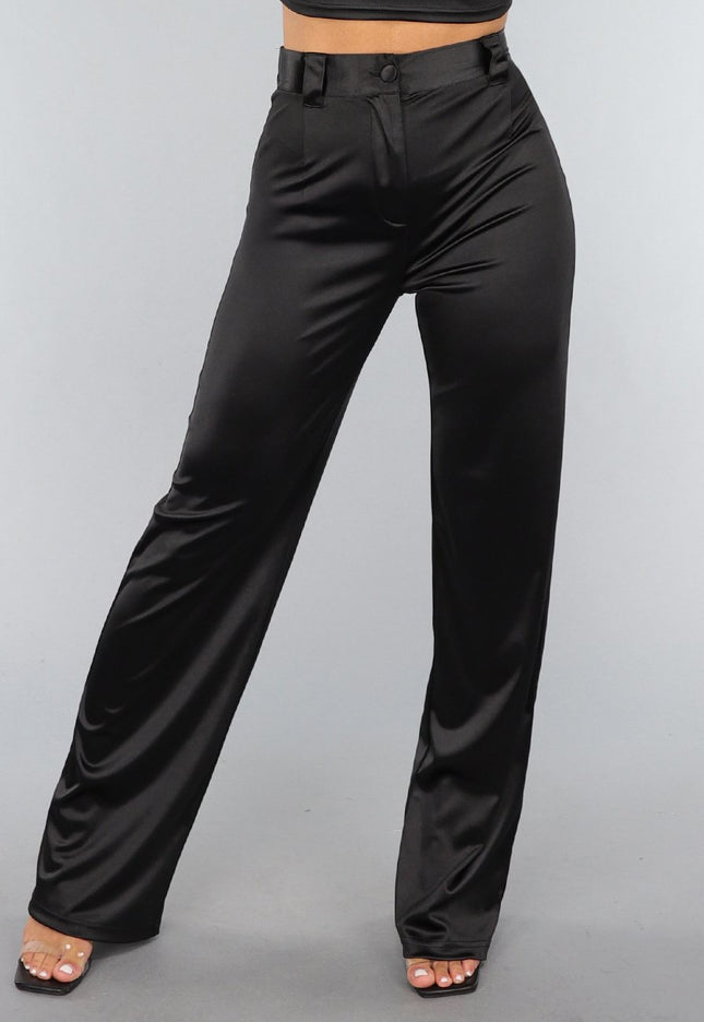 OP=OP.AV.12 Zwarte Satijnen Straight Leg Stretch Pantalon