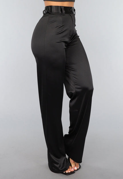 OP=OP.AV.12 Zwarte Satijnen Straight Leg Stretch Pantalon