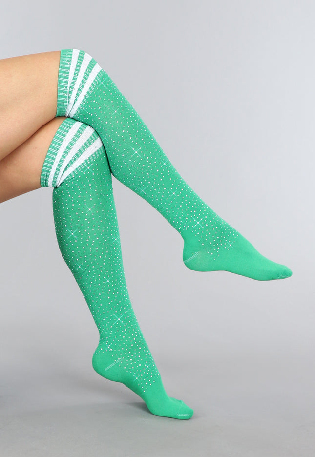 TERUG Groene Strass Sokken met Witte Strepen