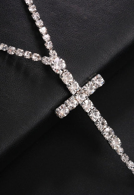 TERUG Lange Zilveren Strass ketting met Kruis Detail