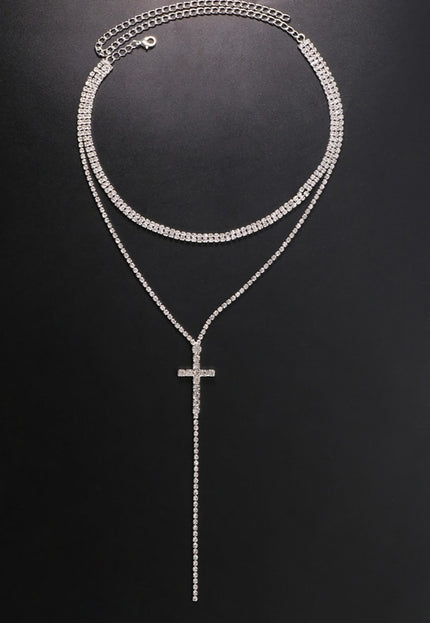 TERUG Lange Zilveren Strass ketting met Kruis Detail