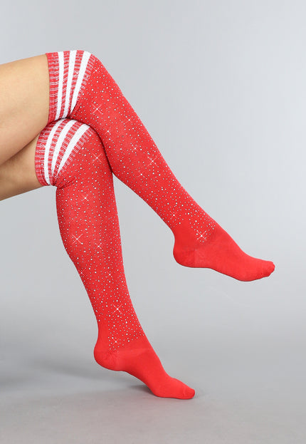 TERUG Rode Strass Sokken met Witte Strepen