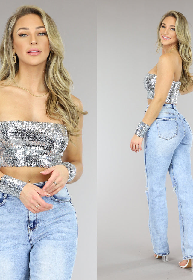 OP=OP.AV.09 Zilveren Pailletten Bandeau Top