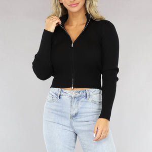 TERUG Zwarte Rib Top met Rits en Kraag