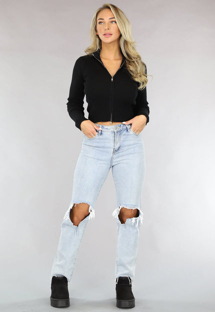 TERUG Zwarte Rib Top met Rits en Kraag