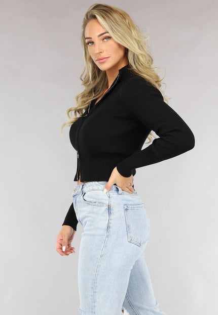 TERUG Zwarte Rib Top met Rits en Kraag
