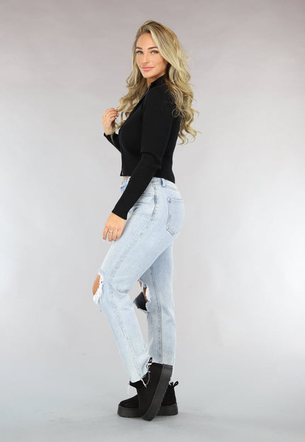 TERUG Zwarte Rib Top met Rits en Kraag