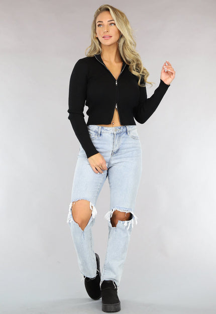 TERUG Zwarte Rib Top met Rits en Kraag