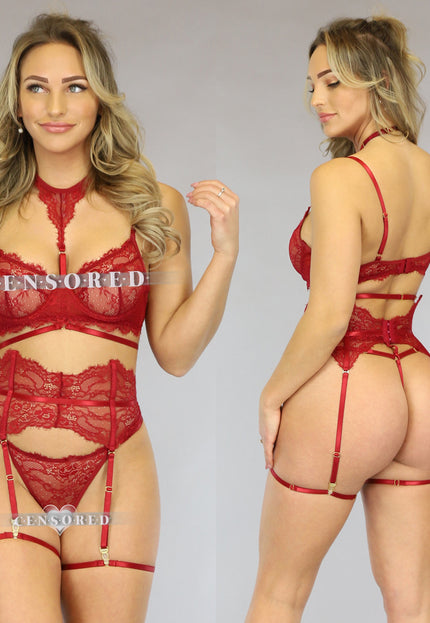 Wijnrood Kanten Lingerie Setje met Halter