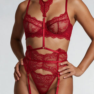 Wijnrood Kanten Lingerie Setje met Halter