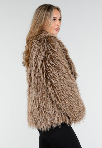 WINTER Bruine Fluffy Jas met Lange Haren