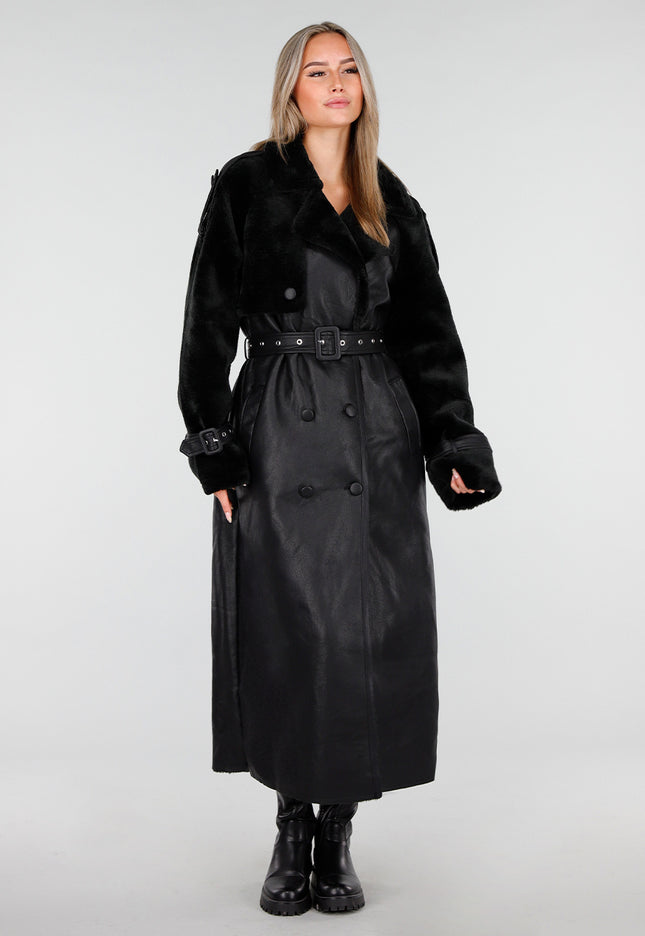 WINTER Lange Zwarte Trenchcoat met Ceintuur