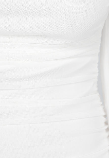 OP=OP.06.NL Witte Gedrapeerde Mesh Jurk met Pofmouwen
