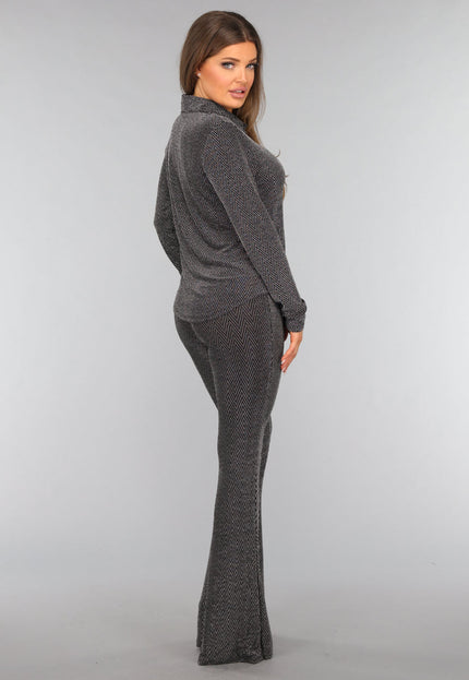 OP=OP.AV.12 Zilveren Lange Mouwen Blouse met Glitter