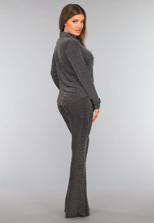 OP=OP.AV.12 Zilveren Lange Mouwen Blouse met Glitter