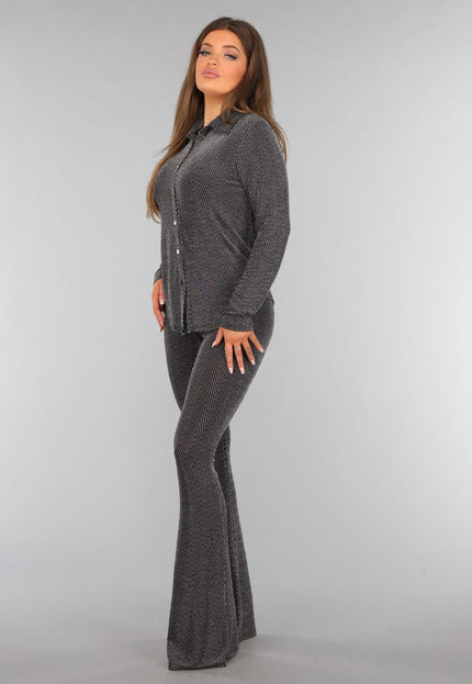 OP=OP.AV.12 Zilveren Lange Mouwen Blouse met Glitter