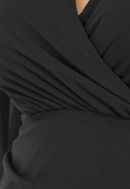 Zwart Geplooid Overslag Jurkje met Ruches