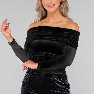 OP=OP.52.NL Zwart Velvet Off Shoulder Topje