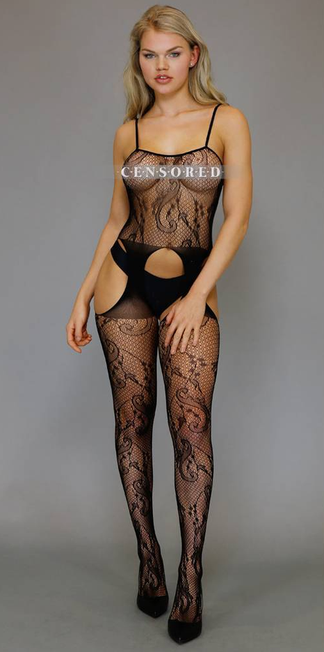 Zwarte Bodystocking met High Cut Jarretel-Look