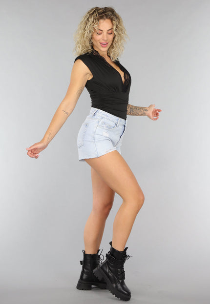 Zwarte Bodysuit met Kanten Decolleté