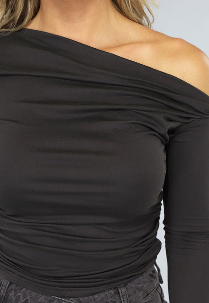 Zwarte Geplooide Top met Lange Mouwen