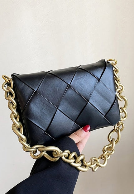 Zwarte Geweven Tas met Gouden Ketting