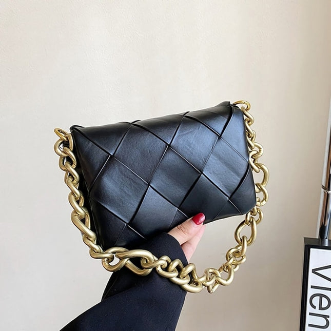 Zwarte Geweven Tas met Gouden Ketting