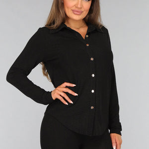 OP=OP.AV.12 Zwarte Glitter Blouse met Gouden Knopen