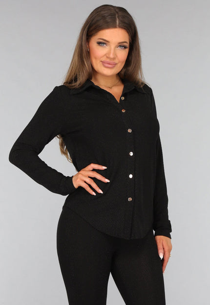 OP=OP.AV.12 Zwarte Glitter Blouse met Gouden Knopen