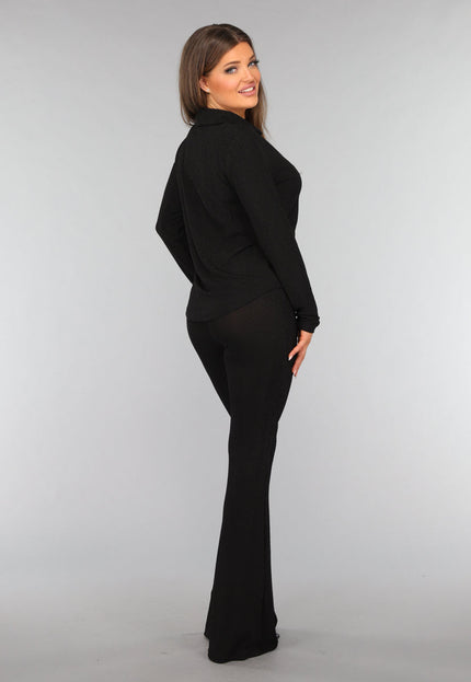 OP=OP.AV.12 Zwarte Glitter Blouse met Gouden Knopen