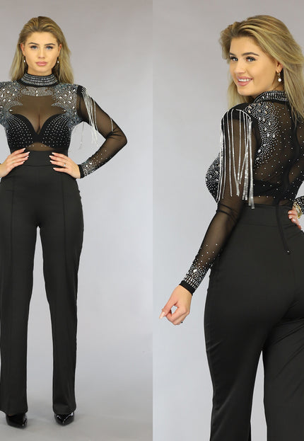 Zwarte Glitter Jumpsuit met Schoudervulling